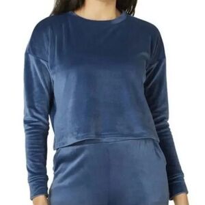 Beyond Yoga Brushed Up Pullover Top Velour Long Sleeve Crop Women’s Large Blue
